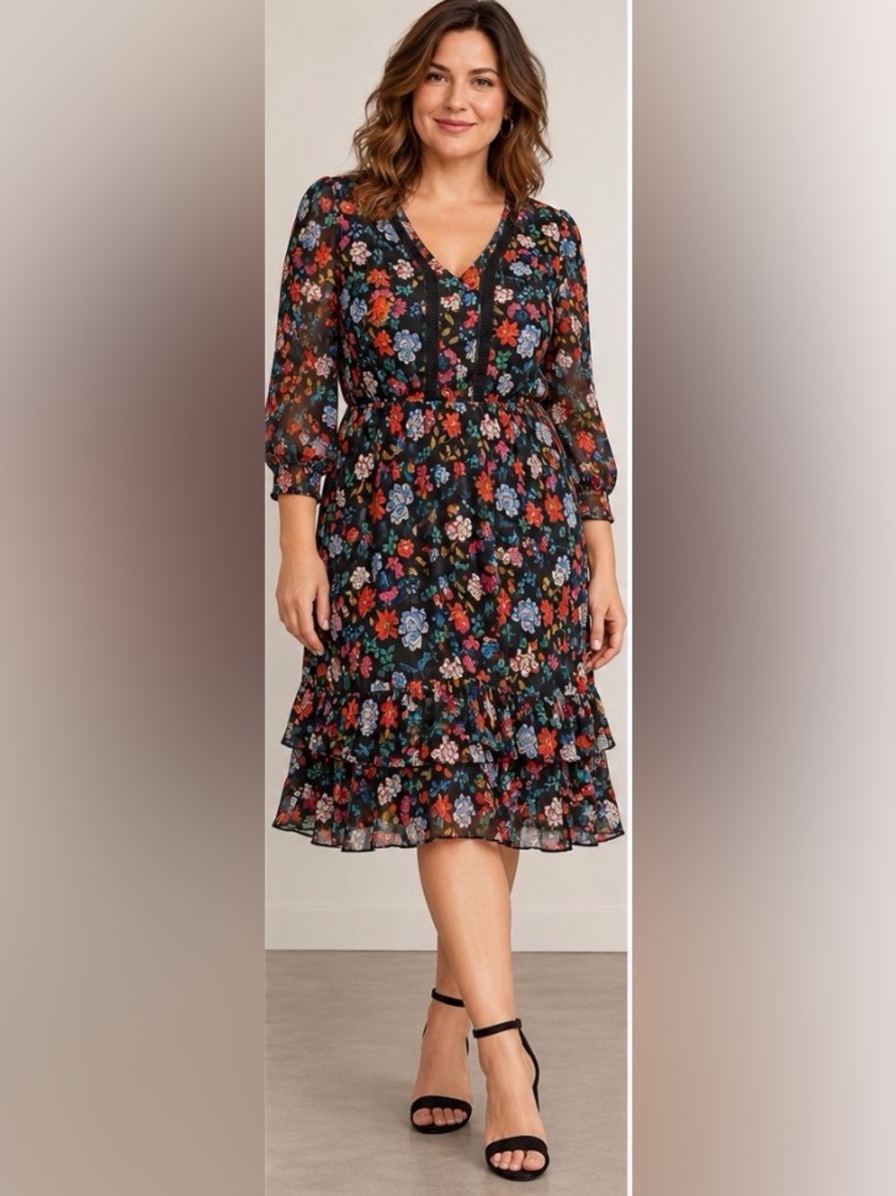 Nanette Lepore Black Floral Tiered Dress with Red & Blue Blooms